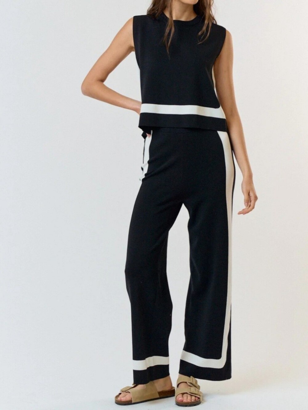 #102587 🛑L Back Tie Sleeveless Sweater Top & Pants 2pc Set